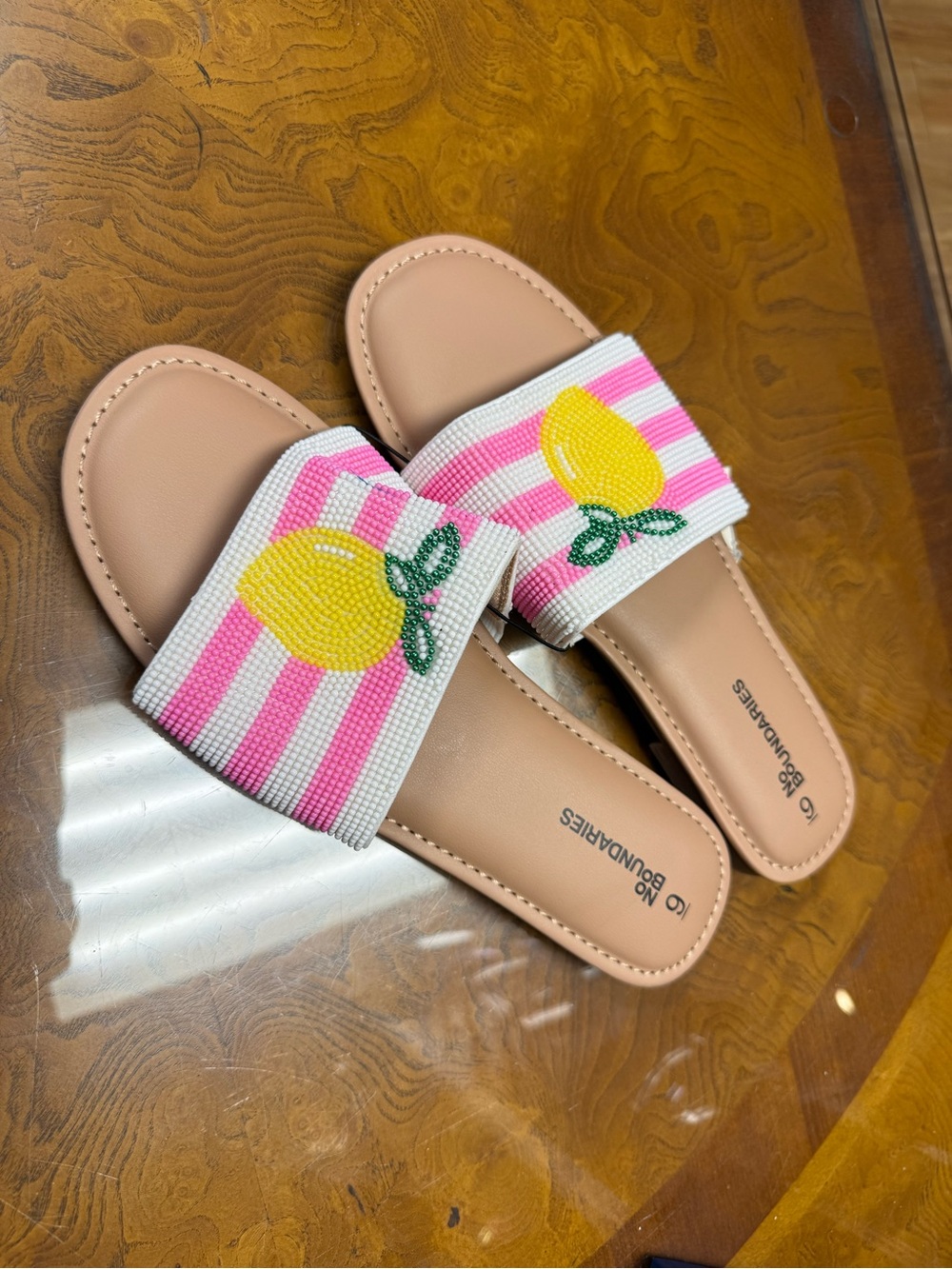 No Boundaries Pink and White Stripe Lemon Slide Sandals